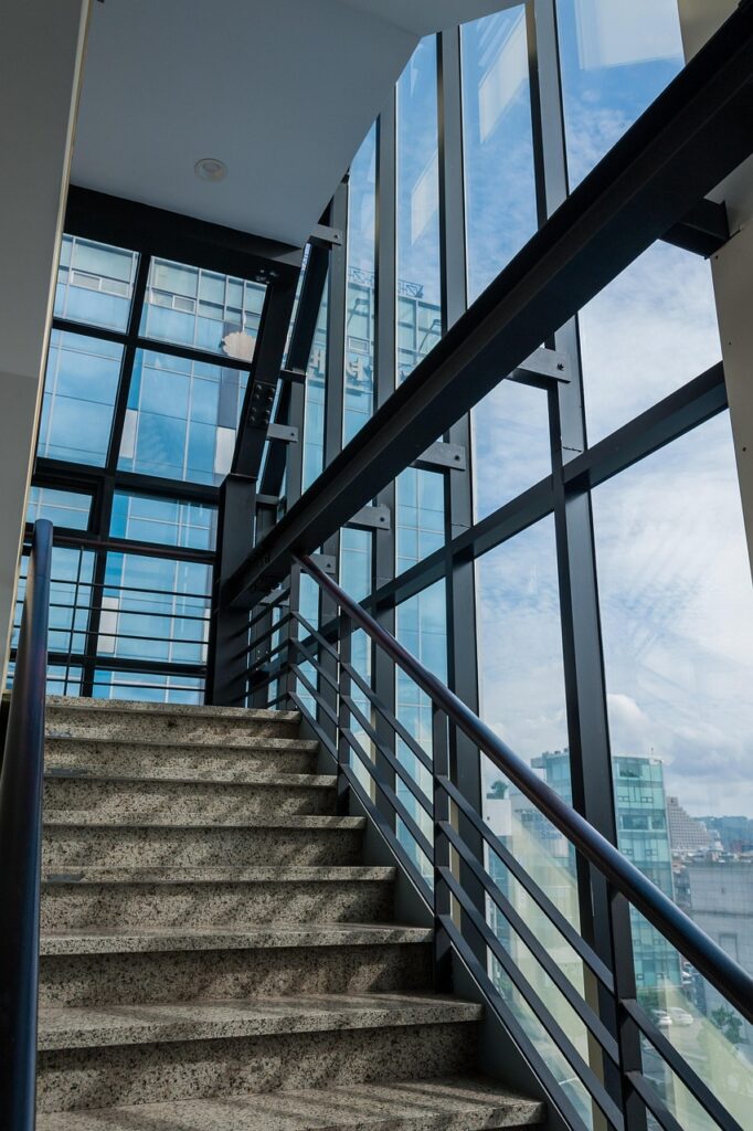 stairs, architecture, inside, construct, bright, sky, nature, handrail, light, cloud, glass wall